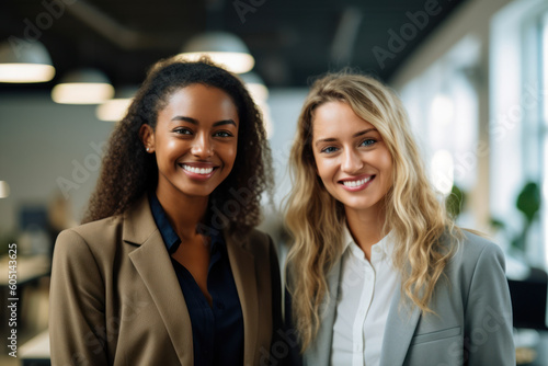 Two smiling young workers standing in the office looking camera, Generative AI