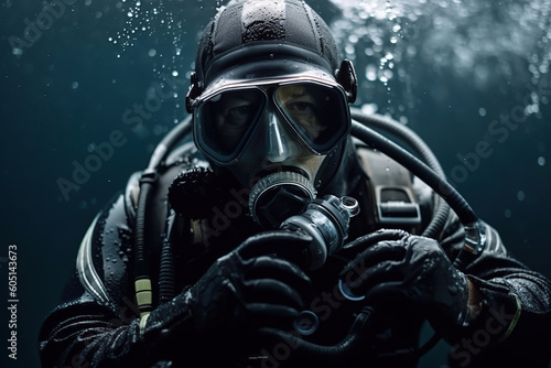 Diver in deep. Underwater. Generative AI, Generative AI