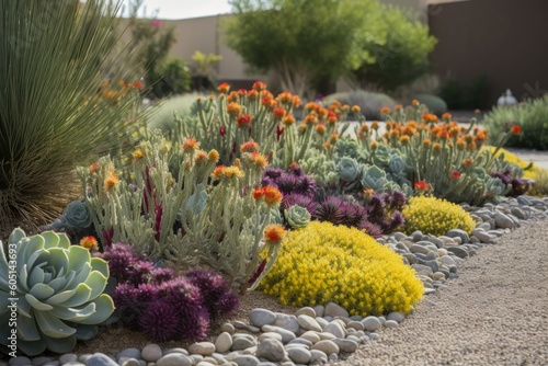 Xeriscaping is the process of landscaping, or gardening, that reduces or eliminates the need for irrigation. xeriscaped landscapes need little or no water. AI generative photo
