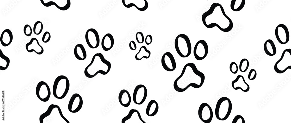 Dog paw footprints background vector. Hand drawn animal, pet, cat paw silhouette pattern, kitten, puppy walking. Footsteps illustration design for fabric, decorative, sticker, wallpaper, kids Dog paw footprints background vector. Hand drawn animal, pet, cat paw silhouette pattern, kitten, puppy walking. Footsteps illustration design for fabric, decorative, sticker, wallpaper, kids