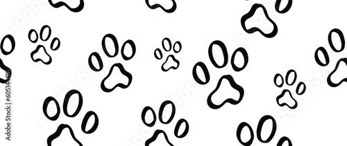 Dog paw footprints background vector. Hand drawn animal, pet, cat paw silhouette pattern, kitten, puppy walking. Footsteps illustration design for fabric, decorative, sticker, wallpaper, kids