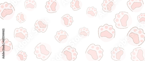 Cute pink paw footprints background vector. Hand drawn animal, pet, cat paw silhouette pattern, kitten, puppy walking. Footsteps illustration design for fabric, decorative, sticker, wallpaper, kids