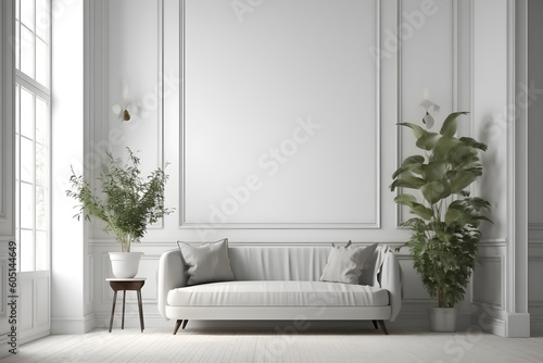 Interior living room modern classic style, vintage sofa with white minimal wall decorate background. Generative AI image in 3D illustration © Nilla