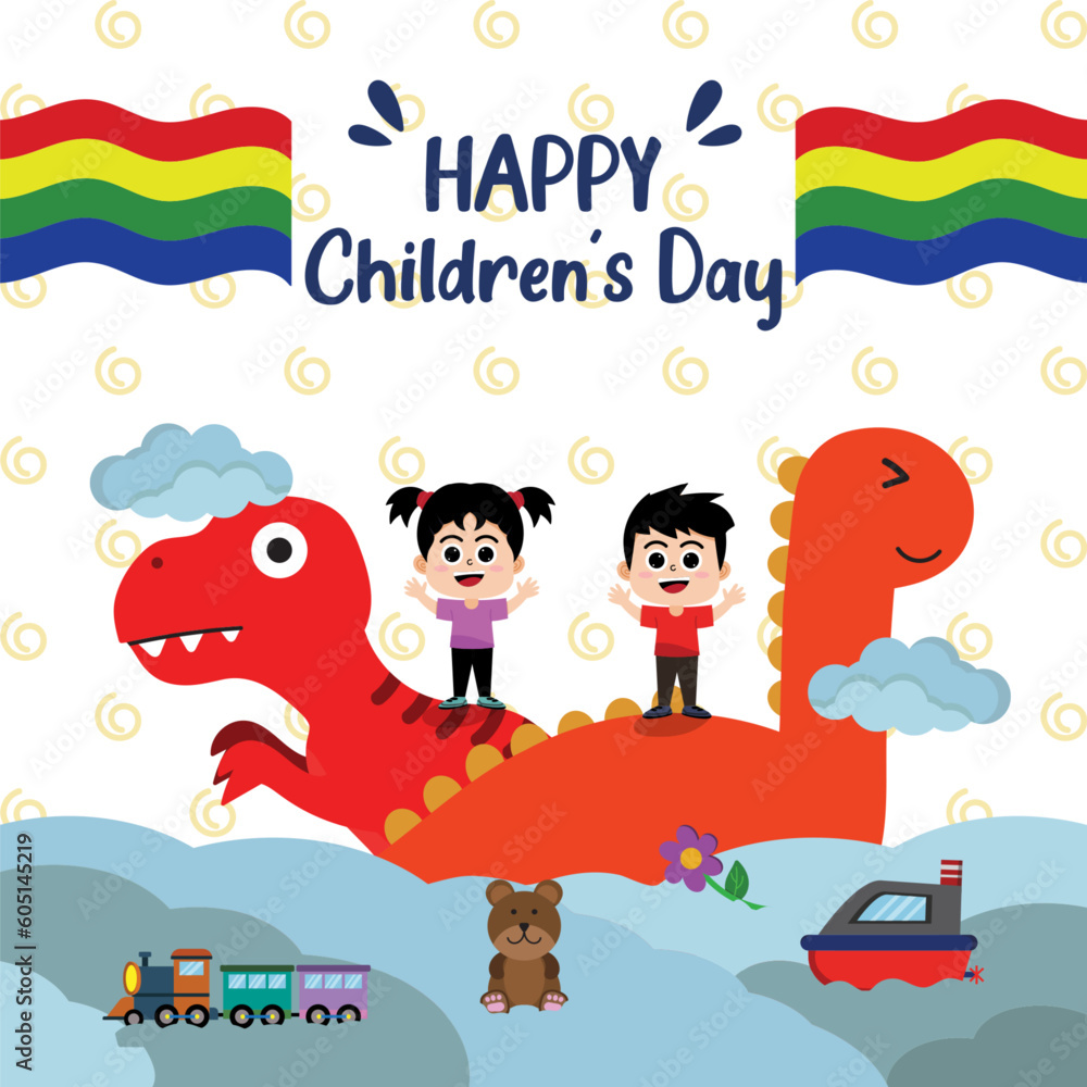 Fototapeta premium Feeds Happy Children Day's Hand Drawn Play with Dinosour Dreams V2 Illustration