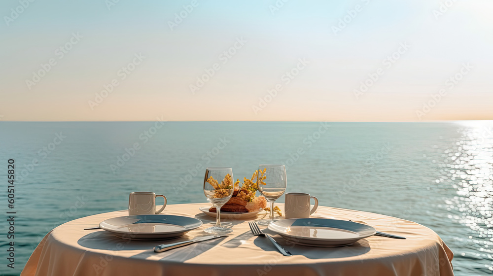 Table setting on the beach with sea and sky. Background with empty space for text. Generative AI