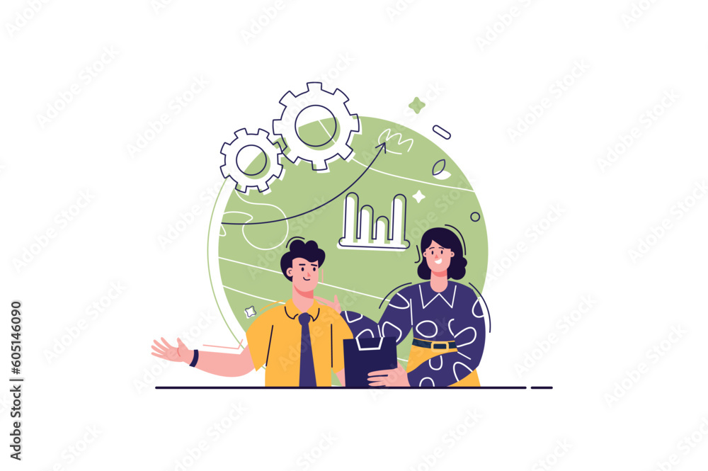 Teamwork concept with people scene in the flat cartoon style. A team of workers performs complex tasks together. Vector illustration.