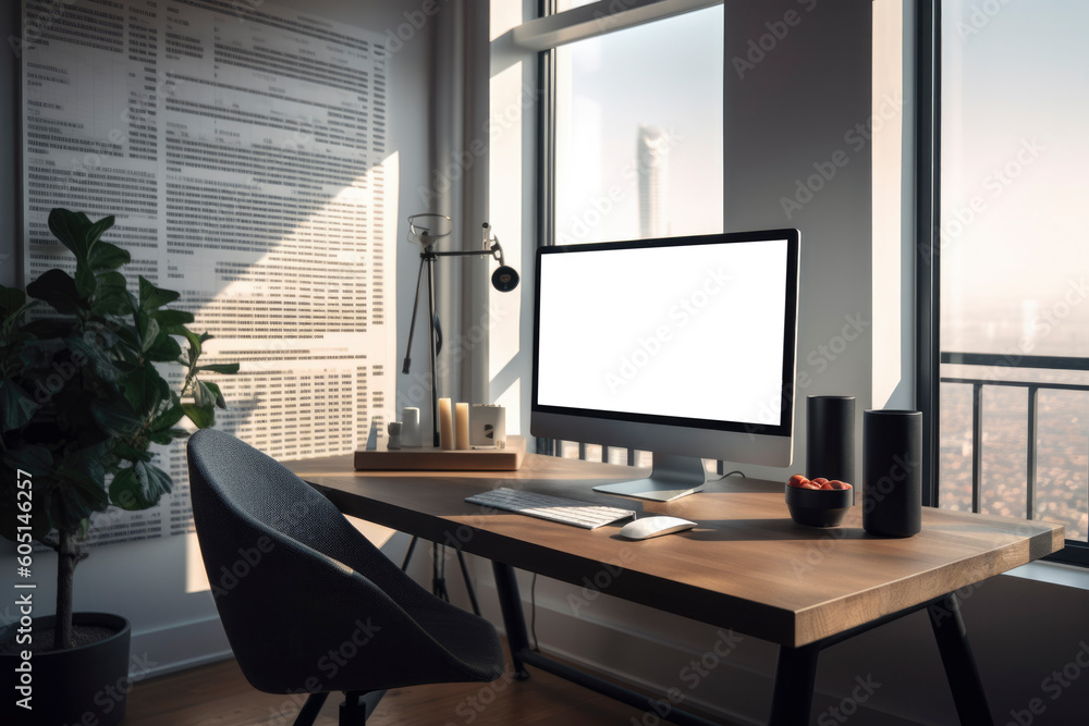 Modern computers on desks and chairs in home office, wide view with windows and natural light. including table and room decorations. generative ai Modern computers on desks and chairs in home office, wide view with windows and natural light. including table and room decorations. generative ai