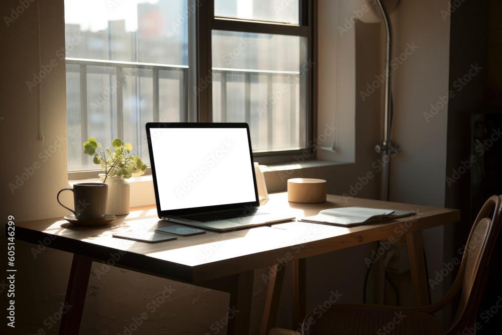 Modern computers on desks and chairs in home office, wide view with windows and natural light. including table and room decorations. generative ai Modern computers on desks and chairs in home office, wide view with windows and natural light. including table and room decorations. generative ai