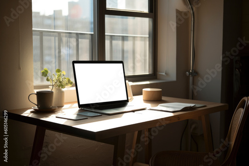 Modern computers on desks and chairs in home office, wide view with windows and natural light. including table and room decorations. generative ai  © BrightSpace