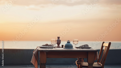 Table setting on the terrace of a restaurant with sea view. Background with empty space for text. Generative AI 