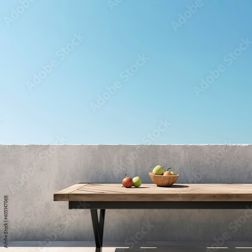 Wooden table with fruit in front of a wall. Background with empty space for text. Generative AI
