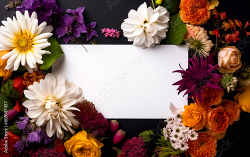A blank white card surrounded by vibrant summer flowers in white, orange and black autumn colors. Copy space, greeting card. Shallow depth of field, Illustrative Generative AI.