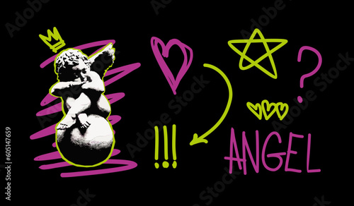 Angel retro halftone collage elements with doodles for mixed media design. Cutout magazine shapes, angel in dotted pop art style. Vector illustration, grunge punk crazy art