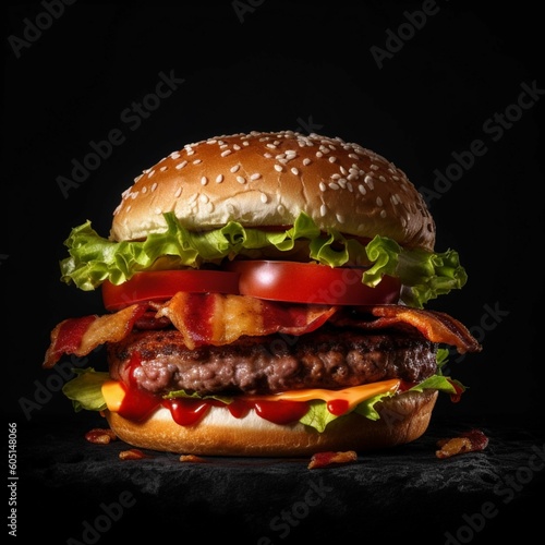 Crispy Fish Burger with Zesty Tartar Sauce - Big hamburger burger with pork, tomato and hot sauce on simple black background, generative Ai illustration 