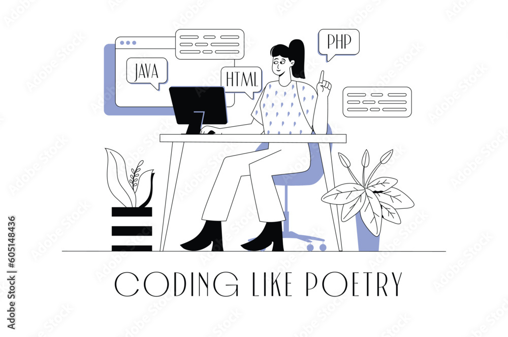 Programing software concept wit people scene in the flat cartoon design. A programmer is working on writing a large piece of code for an application. Vector illustration. Programing software concept wit people scene in the flat cartoon design. A programmer is working on writing a large piece of code for an application. Vector illustration.