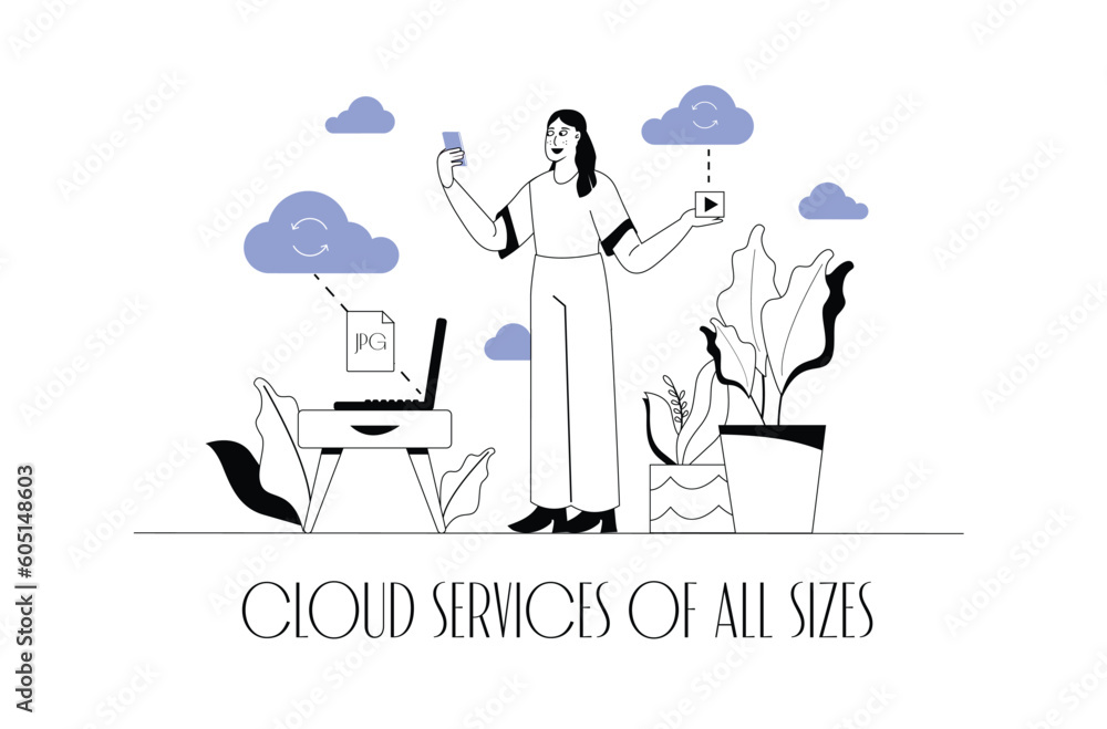 Cloud storage concept wit people scene in the flat cartoon design. The girl uploads all the important data to the cloud storage. Vector illustration. Cloud storage concept wit people scene in the flat cartoon design. The girl uploads all the important data to the cloud storage. Vector illustration.