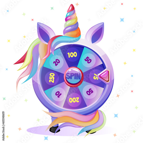 Wheel of fortune in the form of a unicorn for 2D game. Fortune spin