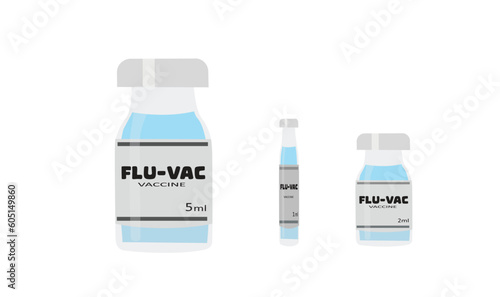 Vaccine vector set. Plastic syringe with component parts, needle, plastic cylinder, plunger. Vaccine for injection. Disease preventing vaccine. Flat vector in cartoon style isolated on white.