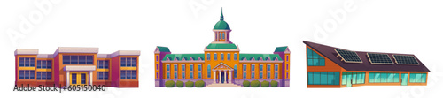 Set of school, university and shopping mall buildings isolated on white background. Contemporary cartoon vector illustration of modern and classical urban architecture. City street constructor