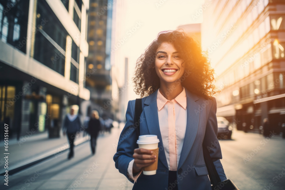 Beautiful business woman going to work holding cup of hot drink in hand and bag walking near office building. portrait of a successful business smile woman person on her way to work on city street Beautiful business woman going to work holding cup of hot drink in hand and bag walking near office building. portrait of a successful business smile woman person on her way to work on city street