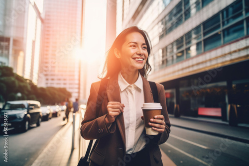 Beautiful business woman going to work holding cup of hot drink in hand and bag walking near office building. portrait of a successful business smile woman  person on her way to work on city street 