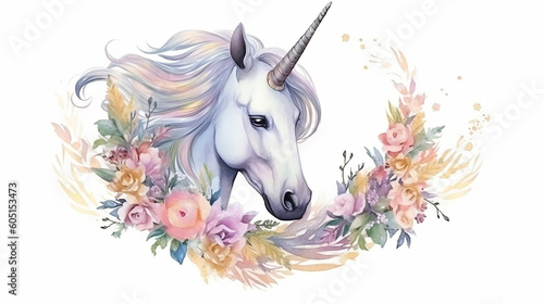 Beautiful unicorn card template with floral wreath . 