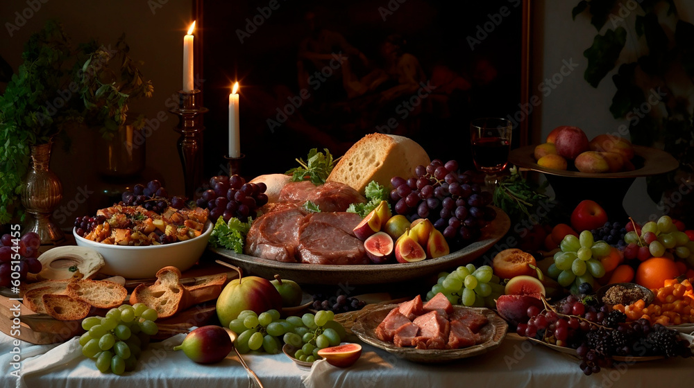 dishes vegetables and fruits on the table created with Generative Ai technology dishes vegetables and fruits on the table created with Generative Ai technology