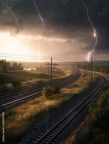 railway in the morning with thunderstorm created with Generative Ai technology