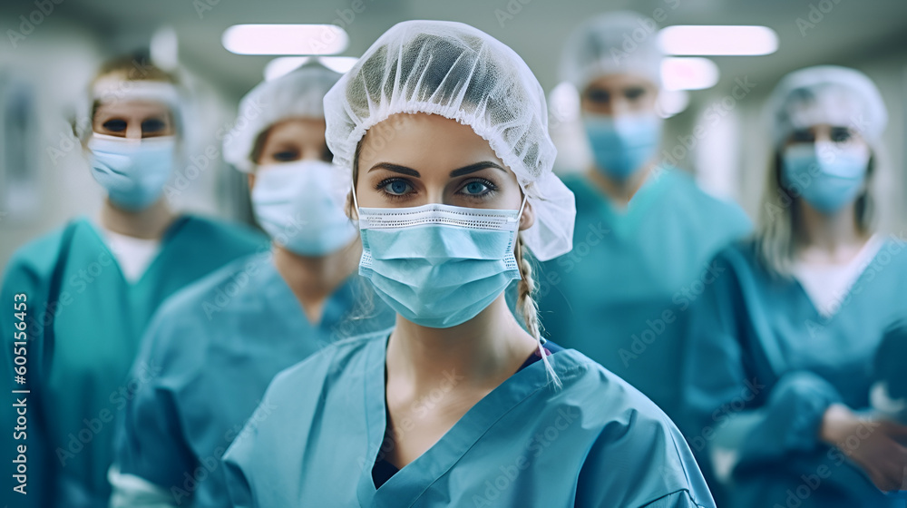 medical workers in the hospital wearing face masks, confident nurse or doctor looking at camera with team behind Generative AI medical workers in the hospital wearing face masks, confident nurse or doctor looking at camera with team behind Generative AI