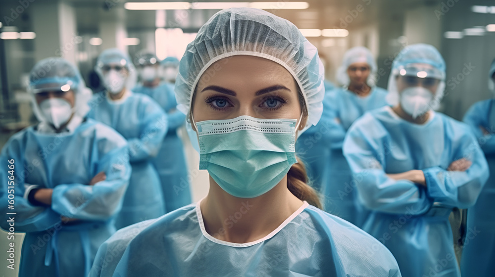 medical workers in the hospital wearing face masks, confident nurse or doctor looking at camera with team behind Generative AI medical workers in the hospital wearing face masks, confident nurse or doctor looking at camera with team behind Generative AI