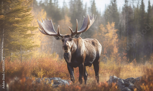 photo of moose on autumn forest background. Generative AI © Bartek