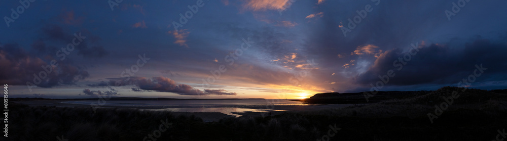 Sunset at Dunnet Head beach. North Sea coast. Sotland. Twilight. Panorama. 