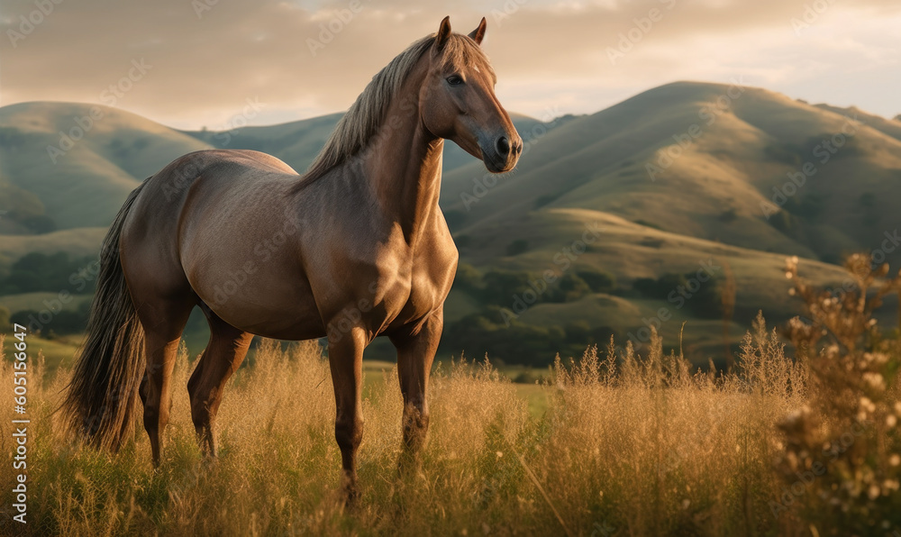 Photo of Morgan stallion, proudly standing on a lush meadow with rolling hills in the background. The stallion's glistening coat and powerful muscles are captured in exquisite detail. Generative AI Photo of Morgan stallion, proudly standing on a lush meadow with rolling hills in the background. The stallion's glistening coat and powerful muscles are captured in exquisite detail. Generative AI