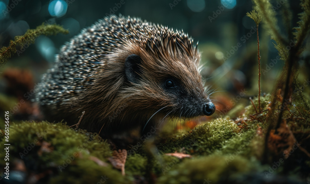 Fototapeta premium Hedgehog Haven: A Hyperrealistic Portrait of a Lovable Forest Dweller. Generative AI