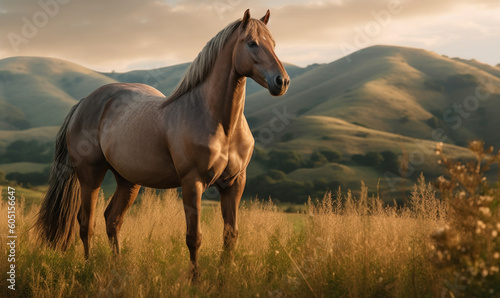Photo of Morgan stallion  proudly standing on a lush meadow with rolling hills in the background. The stallion s glistening coat and powerful muscles are captured in exquisite detail. Generative AI