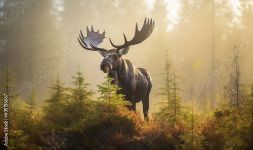 Photo of moose, towering above a misty, moss-covered bog, its majestic antlers crowned with fresh foliage. Generative AI