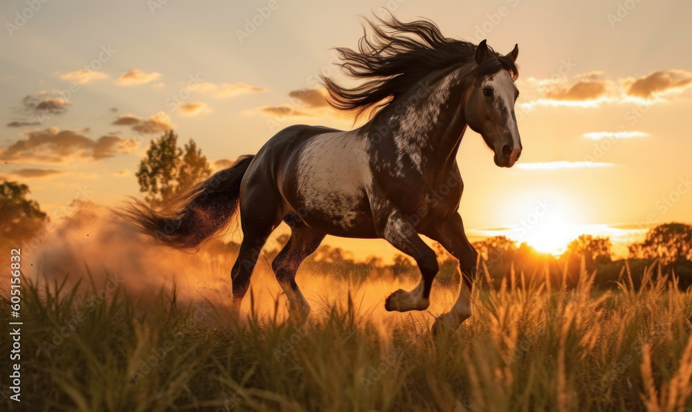 Obraz premium photo of Morgan stallion running in tall grass at sunset. Generative AI