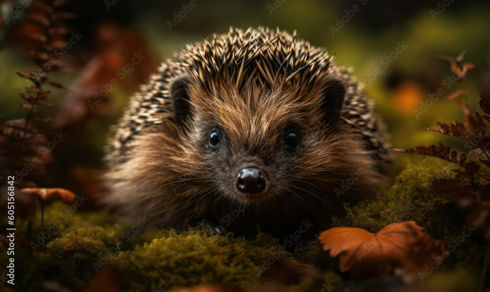 Fototapeta premium Hedgehog Haven: A Hyperrealistic Portrait of a Lovable Forest Dweller. Generative AI
