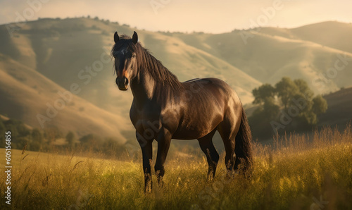 Photo of Morgan stallion, proudly standing on a lush meadow with rolling hills in the background. The stallion's glistening coat and powerful muscles are captured in exquisite detail. Generative AI