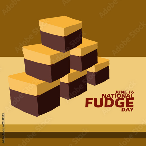 A sweet cube-shaped snack called fudge with chocolate and caramel flavors on wooden plate with bold texts on brown background to celebrate National Fudge Day June 16