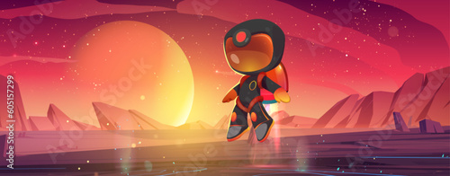 Astronaut character landing on alien planet surface. Vector cartoon illustration of child in spacesuit and helmet arriving to explore rocky landscape with stones and neon cracks, many stars on sky