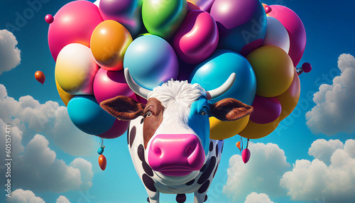 Umweltaktivismus mit veganer Ernährung, Kuh fliegt an Luftballontraube in die Luft, ökologische Landwirtschaft Generative AI 