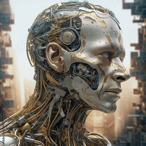 Die Zukunft der Mensch-Maschine-Interaktion, Ki, AI, 3D Illustration, Roboter, Humanoid, Gesicht, futuristisch, Zukunft