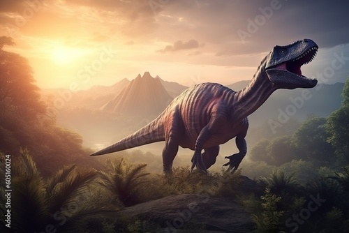 Amazing and photorealistic dinosaur. Jurassic period. Gigantic reptile. Beautiful and scary dinosaurus. Dangerous dino. Generative AI. © Kassiopeia 