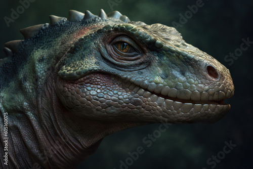 Amazing and photorealistic dinosaur. Jurassic period. Gigantic reptile. Close up view. Beautiful and scary dinosaurus. Dangerous dino. Generative AI.