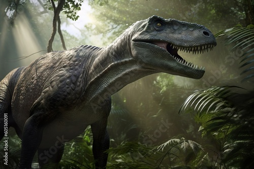 Amazing and photorealistic dinosaur. Jurassic period. Gigantic reptile. Close up view. Beautiful and scary dinosaurus. Dangerous dino. Generative AI.