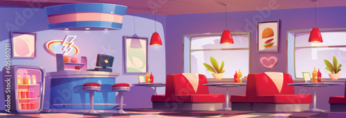 Fast food diner restaurant cartoon vector interior. Fastfood cafeteria from 50s with bar, stool and couch to eat hamburger or cake on table illustration. Canteen counter near refrigerator with bottle