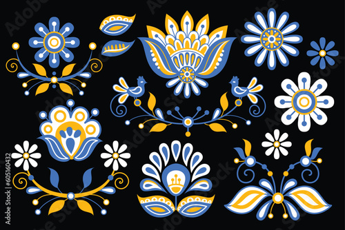 Set of Flowers Inspired by Ukrainian Traditional Embroidery. Ethnic Floral Motif, Handmade Craft Art. Traditional Ukrainian Yellow and Blue Embroidery. Single Design Elements. Vector Illustration