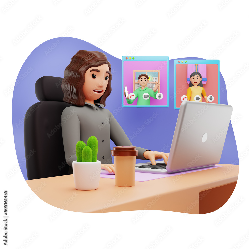 Female Freelancer on an Online Business Video Conference, 3D Character illustration Female Freelancer on an Online Business Video Conference, 3D Character illustration