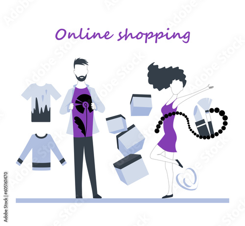 Online virtual shopping ecommerce customer service concept. Vector shopping poster with boy and girl on virtual store.